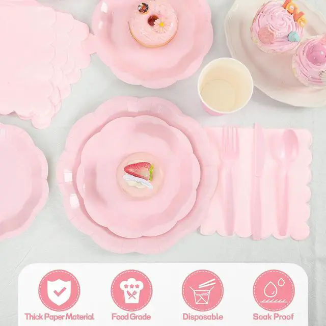 Alt view image 3 of 7 - 350 Pcs Pink Paper Plates and Napkins Set Include 9" Dinner Plates, 7" Dessert Plate Disposable Scalloped Tableware Serve 50 Guest for Wedding Baby Bridal Shower Birthday