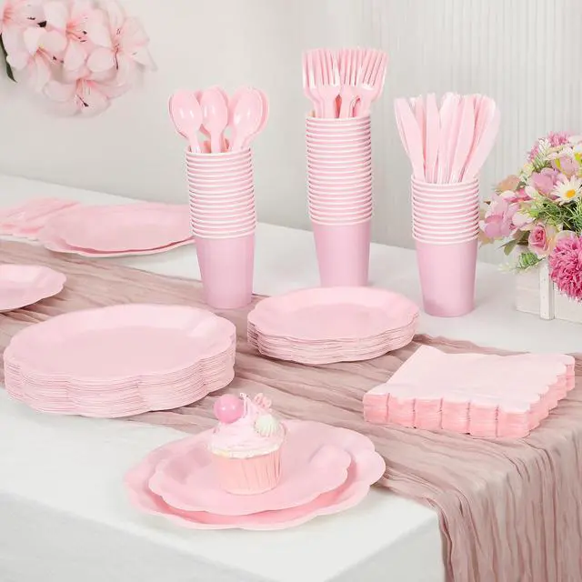 Alt view image 4 of 7 - 350 Pcs Pink Paper Plates and Napkins Set Include 9" Dinner Plates, 7" Dessert Plate Disposable Scalloped Tableware Serve 50 Guest for Wedding Baby Bridal Shower Birthday