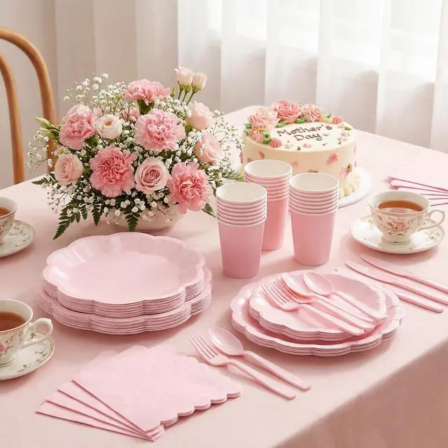 Alt view image 5 of 7 - 350 Pcs Pink Paper Plates and Napkins Set Include 9" Dinner Plates, 7" Dessert Plate Disposable Scalloped Tableware Serve 50 Guest for Wedding Baby Bridal Shower Birthday