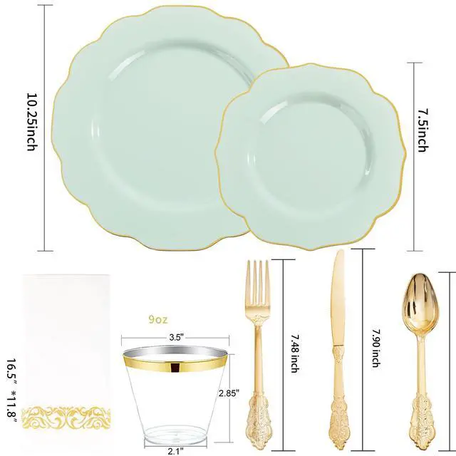 Alt view image 2 of 7 - 175PCS Sage Green Plastic Plates with Gold Disposable Silverware - Include 50 Green and Gold Plastic Plates,25 Knives,25 Forks,25 Spoons,25 Cups and 25 Napkins - Wedding/Party/Baby Shower