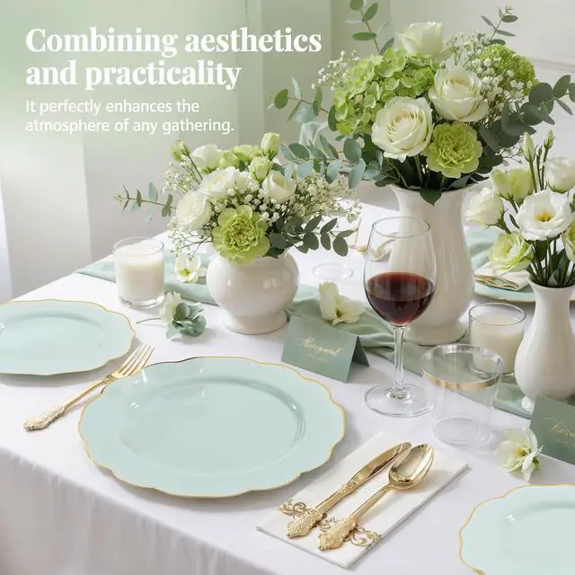Alt view image 3 of 7 - 175PCS Sage Green Plastic Plates with Gold Disposable Silverware - Include 50 Green and Gold Plastic Plates,25 Knives,25 Forks,25 Spoons,25 Cups and 25 Napkins - Wedding/Party/Baby Shower
