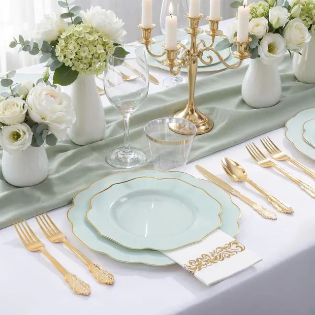 Alt view image 4 of 7 - 175PCS Sage Green Plastic Plates with Gold Disposable Silverware - Include 50 Green and Gold Plastic Plates,25 Knives,25 Forks,25 Spoons,25 Cups and 25 Napkins - Wedding/Party/Baby Shower