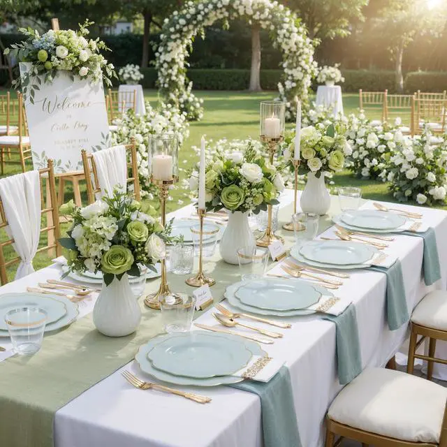 Alt view image 5 of 7 - 175PCS Sage Green Plastic Plates with Gold Disposable Silverware - Include 50 Green and Gold Plastic Plates,25 Knives,25 Forks,25 Spoons,25 Cups and 25 Napkins - Wedding/Party/Baby Shower