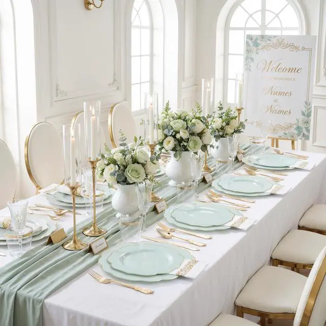 Alt view image 6 of 7 - 175PCS Sage Green Plastic Plates with Gold Disposable Silverware - Include 50 Green and Gold Plastic Plates,25 Knives,25 Forks,25 Spoons,25 Cups and 25 Napkins - Wedding/Party/Baby Shower