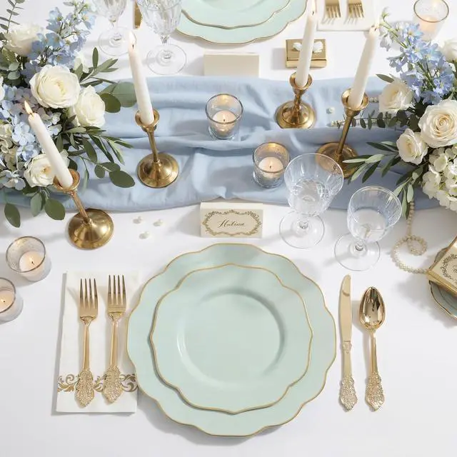 Alt view image 7 of 7 - 175PCS Sage Green Plastic Plates with Gold Disposable Silverware - Include 50 Green and Gold Plastic Plates,25 Knives,25 Forks,25 Spoons,25 Cups and 25 Napkins - Wedding/Party/Baby Shower