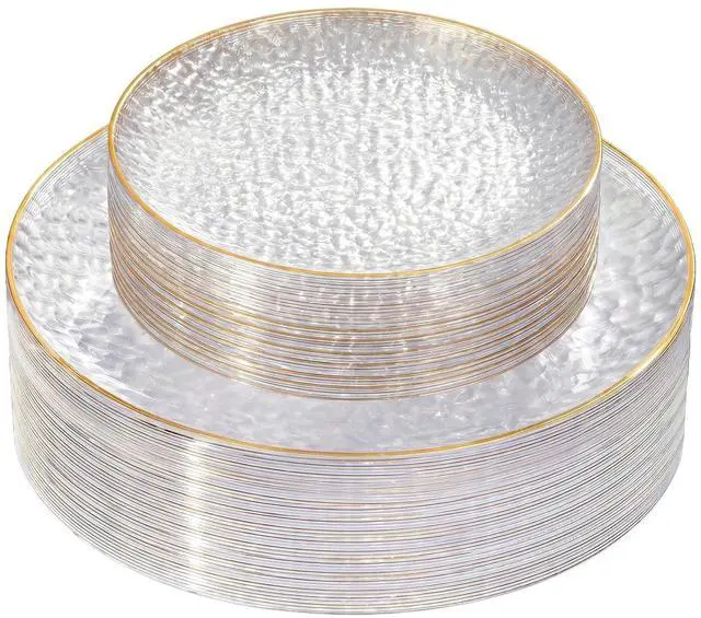 Main image of 60Pcs Clear Plastic Plates,Clear Disposable Plates With Gold Rim,Heavy-duty Gold Plates,Hammered Party Plates Include 30Clear Dessert-Platos,30Dinner-Platos for Wedding, Party