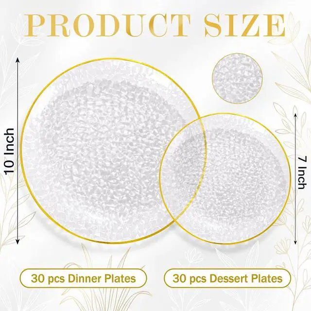 Alt view image 2 of 7 - 60Pcs Clear Plastic Plates,Clear Disposable Plates With Gold Rim,Heavy-duty Gold Plates,Hammered Party Plates Include 30Clear Dessert-Platos,30Dinner-Platos for Wedding, Party