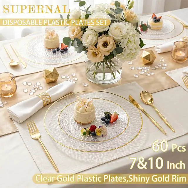 Alt view image 3 of 7 - 60Pcs Clear Plastic Plates,Clear Disposable Plates With Gold Rim,Heavy-duty Gold Plates,Hammered Party Plates Include 30Clear Dessert-Platos,30Dinner-Platos for Wedding, Party