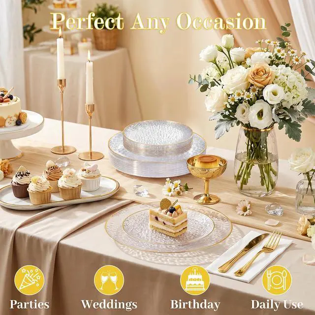 Alt view image 4 of 7 - 60Pcs Clear Plastic Plates,Clear Disposable Plates With Gold Rim,Heavy-duty Gold Plates,Hammered Party Plates Include 30Clear Dessert-Platos,30Dinner-Platos for Wedding, Party