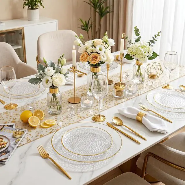 Alt view image 5 of 7 - 60Pcs Clear Plastic Plates,Clear Disposable Plates With Gold Rim,Heavy-duty Gold Plates,Hammered Party Plates Include 30Clear Dessert-Platos,30Dinner-Platos for Wedding, Party