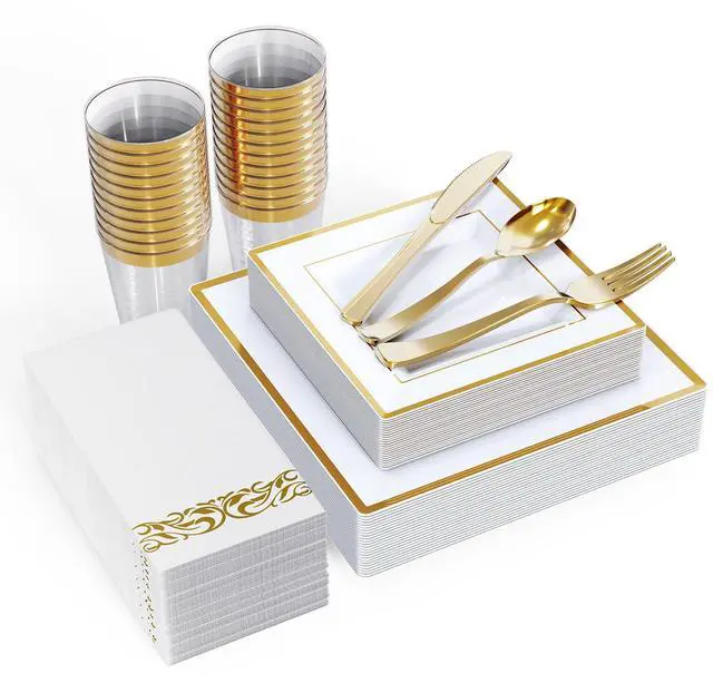 Main image of 175 Count Gold Dinnerware Set for 25 Guests - Square Plastic Plates with Gold Rim, Includes 25 Disposable Dinner & Dessert Plates, Napkins, Cups, Cutlery Set for Wedding Parties