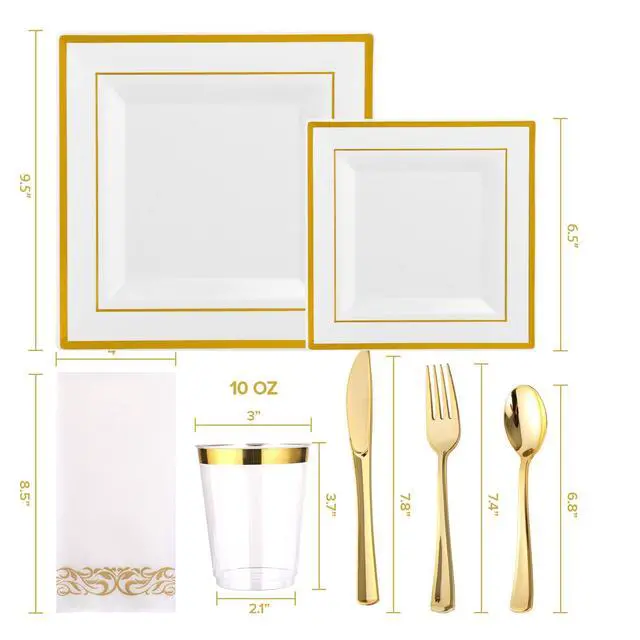 Alt view image 2 of 7 - 175 Count Gold Dinnerware Set for 25 Guests - Square Plastic Plates with Gold Rim, Includes 25 Disposable Dinner & Dessert Plates, Napkins, Cups, Cutlery Set for Wedding Parties