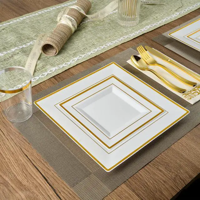 Alt view image 3 of 7 - 175 Count Gold Dinnerware Set for 25 Guests - Square Plastic Plates with Gold Rim, Includes 25 Disposable Dinner & Dessert Plates, Napkins, Cups, Cutlery Set for Wedding Parties