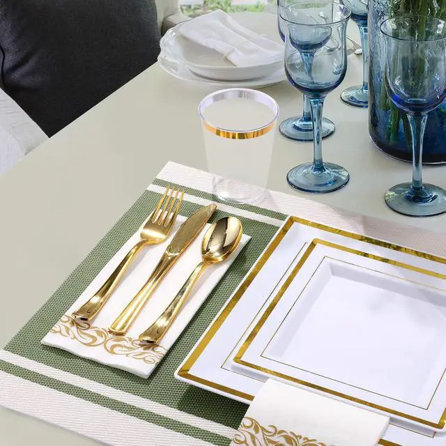 Alt view image 4 of 7 - 175 Count Gold Dinnerware Set for 25 Guests - Square Plastic Plates with Gold Rim, Includes 25 Disposable Dinner & Dessert Plates, Napkins, Cups, Cutlery Set for Wedding Parties