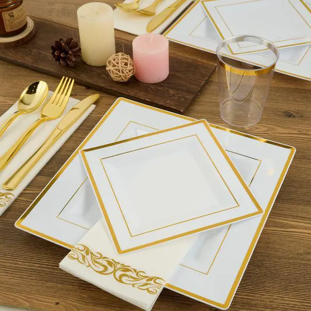 Alt view image 6 of 7 - 175 Count Gold Dinnerware Set for 25 Guests - Square Plastic Plates with Gold Rim, Includes 25 Disposable Dinner & Dessert Plates, Napkins, Cups, Cutlery Set for Wedding Parties