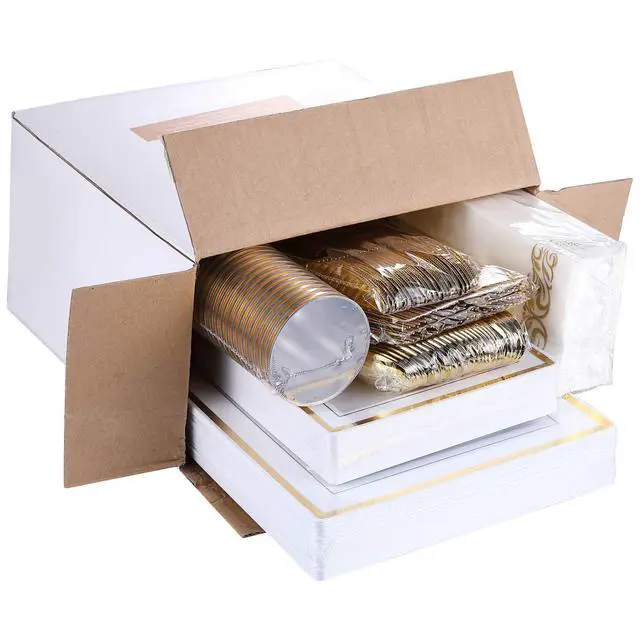 Alt view image 7 of 7 - 175 Count Gold Dinnerware Set for 25 Guests - Square Plastic Plates with Gold Rim, Includes 25 Disposable Dinner & Dessert Plates, Napkins, Cups, Cutlery Set for Wedding Parties