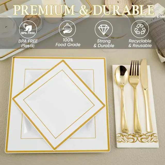 Alt view image 5 of 7 - 175 Count Gold Dinnerware Set for 25 Guests - Square Plastic Plates with Gold Rim, Includes 25 Disposable Dinner & Dessert Plates, Napkins, Cups, Cutlery Set for Wedding Parties