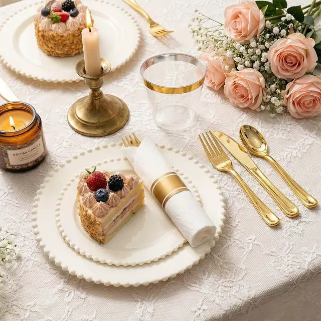 Alt view image 2 of 7 - 175pcs Plastic Dinnerware Set Ivory 25 Guests for Wedding