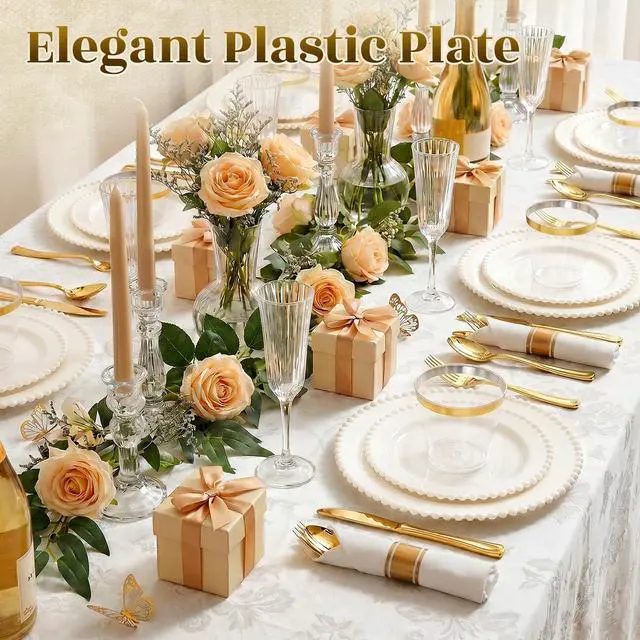 Alt view image 3 of 7 - 175pcs Plastic Dinnerware Set Ivory 25 Guests for Wedding