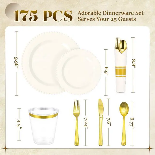 Alt view image 5 of 7 - 175pcs Plastic Dinnerware Set Ivory 25 Guests for Wedding