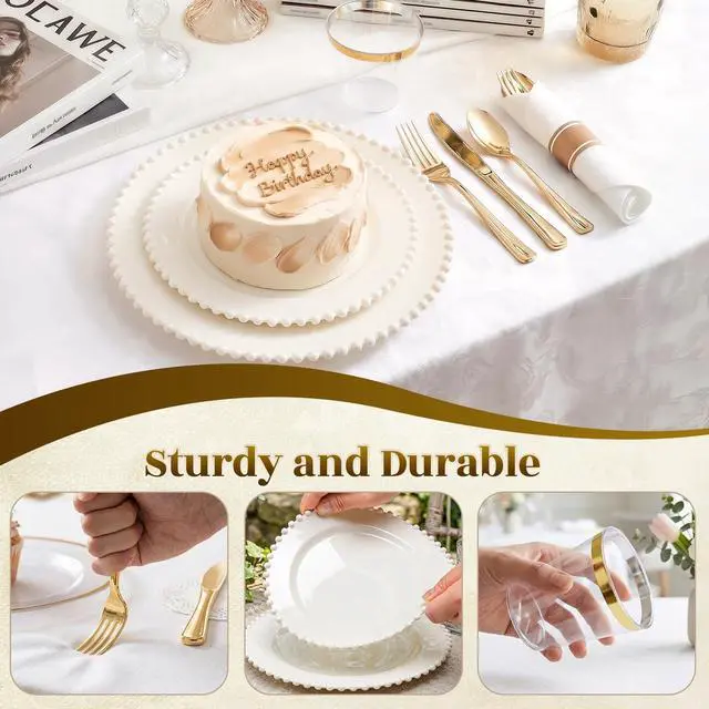 Alt view image 6 of 7 - 175pcs Plastic Dinnerware Set Ivory 25 Guests for Wedding