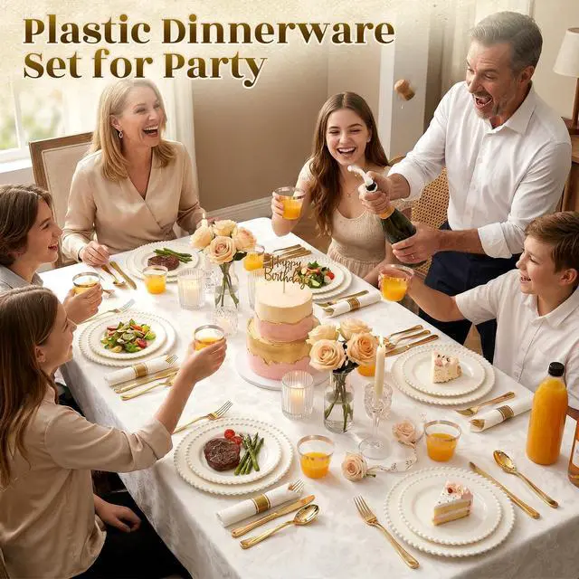 Alt view image 4 of 7 - 175pcs Plastic Dinnerware Set Ivory 25 Guests for Wedding