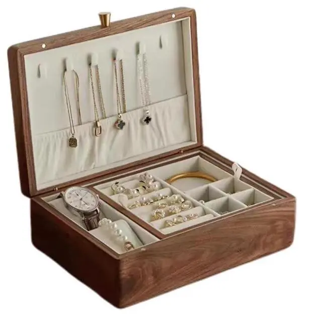 Main image of 2 Layer Solid Black Walnut Wooden Jewelry Box for Women Wood Vintage Organizer for Men Earrings Rings Necklaces Bracelet Watch Storage