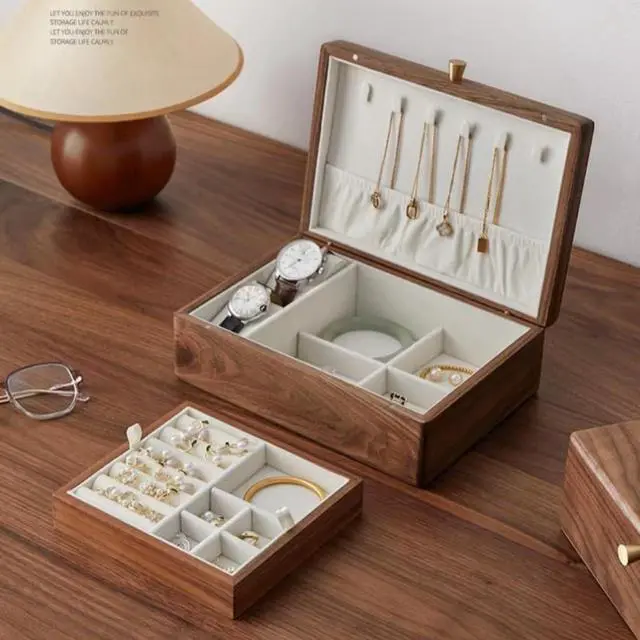 Alt view image 6 of 7 - 2 Layer Solid Black Walnut Wooden Jewelry Box for Women Wood Vintage Organizer for Men Earrings Rings Necklaces Bracelet Watch Storage