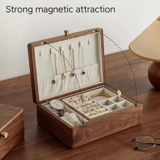 Alt view image 7 of 7 - 2 Layer Solid Black Walnut Wooden Jewelry Box for Women Wood Vintage Organizer for Men Earrings Rings Necklaces Bracelet Watch Storage