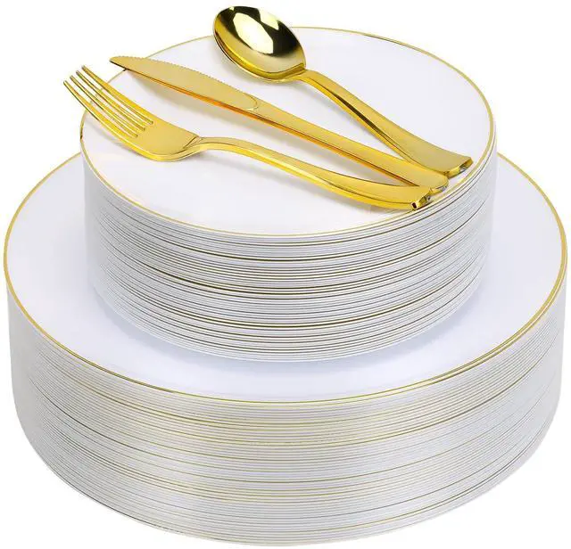 Main image of 250PCS Gold Disposable Dinnerware Set, White and Gold Plastic Party Plates for 50 Guests, Includes 50 Dinner Plate,50 Dessert Plate,150 Gold Cutlery for Wedding & Party