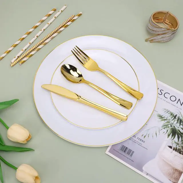 Alt view image 2 of 7 - 250PCS Gold Disposable Dinnerware Set, White and Gold Plastic Party Plates for 50 Guests, Includes 50 Dinner Plate,50 Dessert Plate,150 Gold Cutlery for Wedding & Party