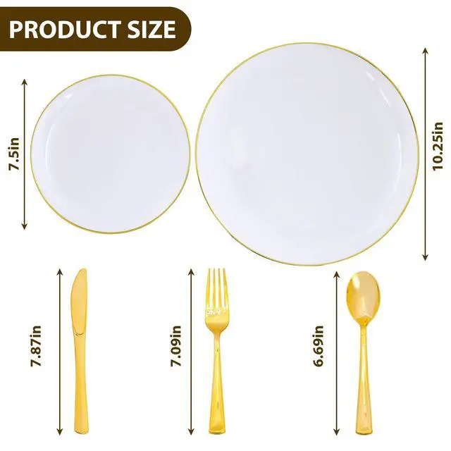 Alt view image 3 of 7 - 250PCS Gold Disposable Dinnerware Set, White and Gold Plastic Party Plates for 50 Guests, Includes 50 Dinner Plate,50 Dessert Plate,150 Gold Cutlery for Wedding & Party