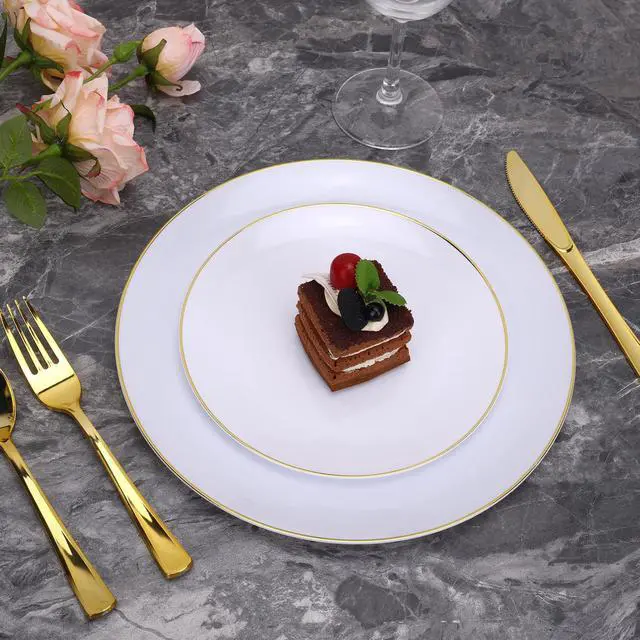Alt view image 4 of 7 - 250PCS Gold Disposable Dinnerware Set, White and Gold Plastic Party Plates for 50 Guests, Includes 50 Dinner Plate,50 Dessert Plate,150 Gold Cutlery for Wedding & Party