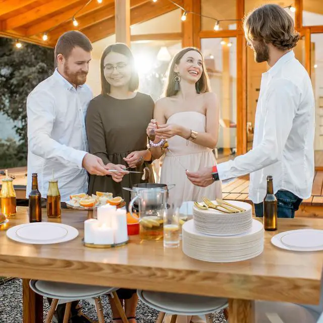 Alt view image 7 of 7 - 250PCS Gold Disposable Dinnerware Set, White and Gold Plastic Party Plates for 50 Guests, Includes 50 Dinner Plate,50 Dessert Plate,150 Gold Cutlery for Wedding & Party