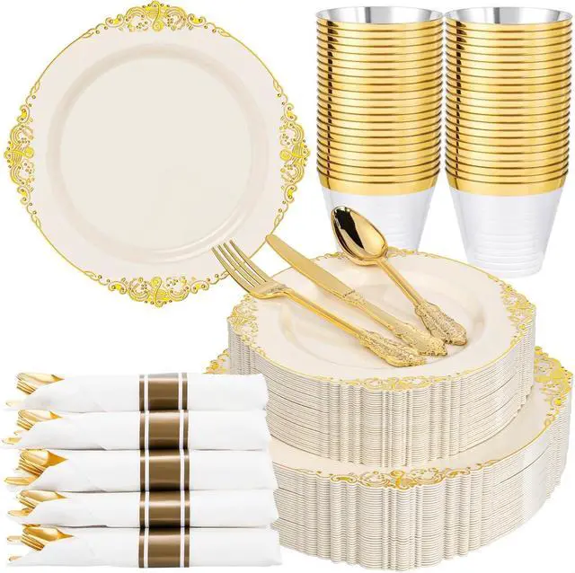 Main image of 175PCS Ivory Plastic Plates - Ivory Gold Plastic Dinnerware Sets for 25 Guests - 50 Gold Disposable Plates, 25 Pre Rolled Cutlery Set, 25 Cups Perfect for Wedding, Party