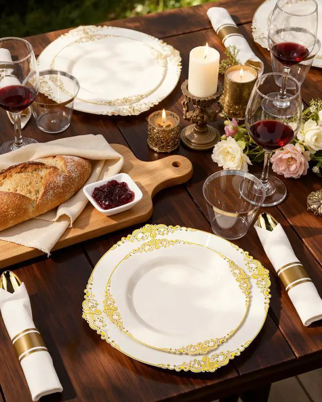 Alt view image 2 of 7 - 175PCS Ivory Plastic Plates - Ivory Gold Plastic Dinnerware Sets for 25 Guests - 50 Gold Disposable Plates, 25 Pre Rolled Cutlery Set, 25 Cups Perfect for Wedding, Party