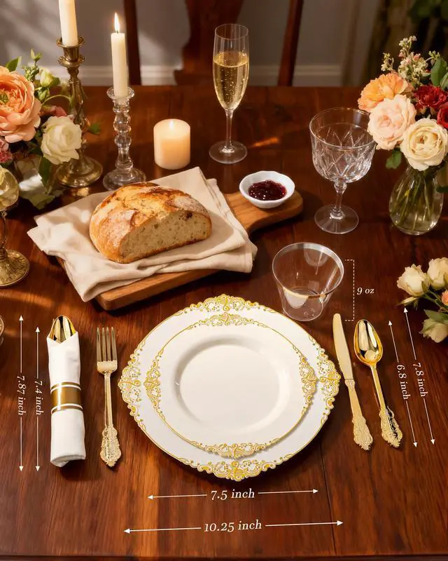 Alt view image 3 of 7 - 175PCS Ivory Plastic Plates - Ivory Gold Plastic Dinnerware Sets for 25 Guests - 50 Gold Disposable Plates, 25 Pre Rolled Cutlery Set, 25 Cups Perfect for Wedding, Party