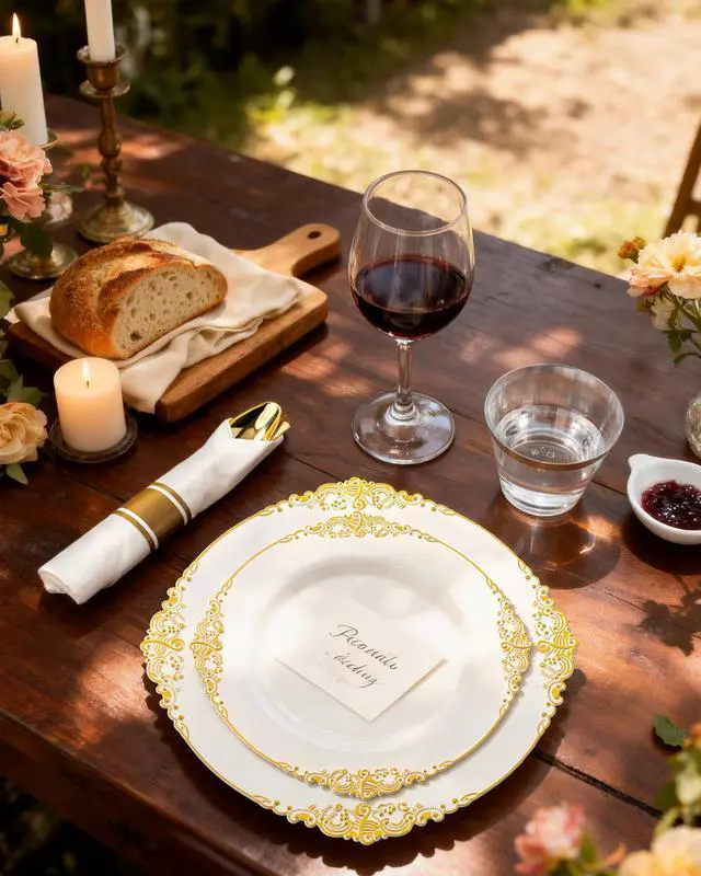 Alt view image 6 of 7 - 175PCS Ivory Plastic Plates - Ivory Gold Plastic Dinnerware Sets for 25 Guests - 50 Gold Disposable Plates, 25 Pre Rolled Cutlery Set, 25 Cups Perfect for Wedding, Party