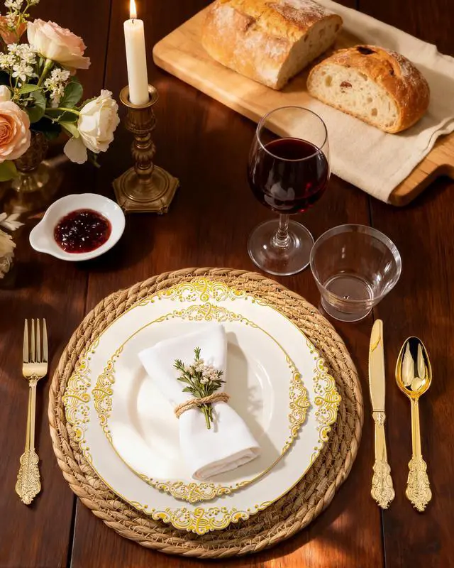 Alt view image 5 of 7 - 175PCS Ivory Plastic Plates - Ivory Gold Plastic Dinnerware Sets for 25 Guests - 50 Gold Disposable Plates, 25 Pre Rolled Cutlery Set, 25 Cups Perfect for Wedding, Party