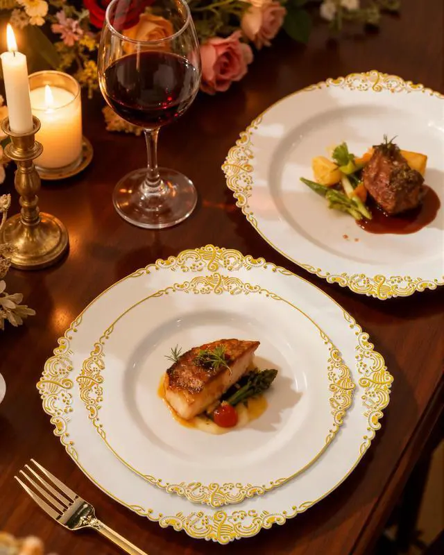 Alt view image 7 of 7 - 175PCS Ivory Plastic Plates - Ivory Gold Plastic Dinnerware Sets for 25 Guests - 50 Gold Disposable Plates, 25 Pre Rolled Cutlery Set, 25 Cups Perfect for Wedding, Party