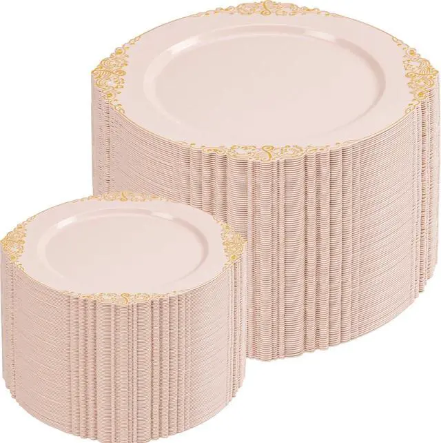 Main image of 200PCS Pink and Gold Plates - Pink Plastic Plate - Fancy Disposable Plates with Gold Rim - Vintage Wedding Dinner & Dessert Plate for 100 Guests for Wedding & Bridal Shower