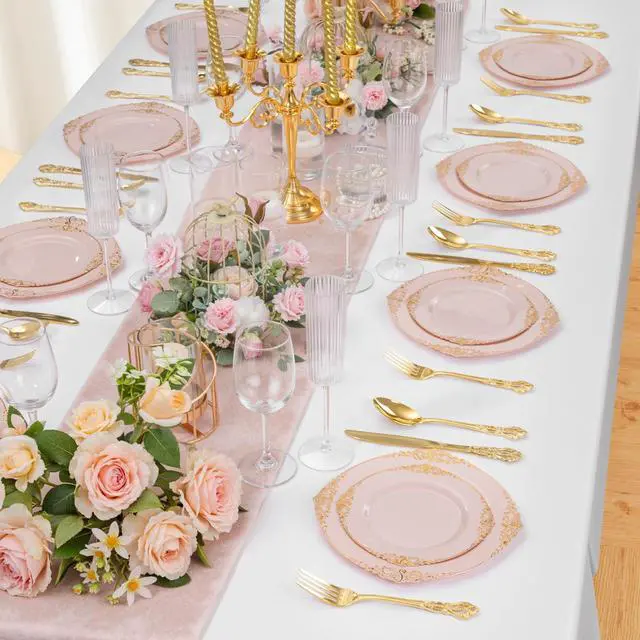 Alt view image 6 of 7 - 200PCS Pink and Gold Plates - Pink Plastic Plate - Fancy Disposable Plates with Gold Rim - Vintage Wedding Dinner & Dessert Plate for 100 Guests for Wedding & Bridal Shower
