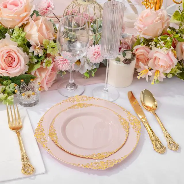 Alt view image 3 of 7 - 200PCS Pink and Gold Plates - Pink Plastic Plate - Fancy Disposable Plates with Gold Rim - Vintage Wedding Dinner & Dessert Plate for 100 Guests for Wedding & Bridal Shower
