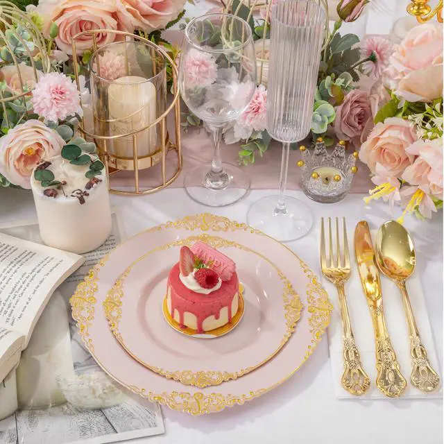 Alt view image 2 of 7 - 200PCS Pink and Gold Plates - Pink Plastic Plate - Fancy Disposable Plates with Gold Rim - Vintage Wedding Dinner & Dessert Plate for 100 Guests for Wedding & Bridal Shower