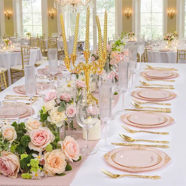 Alt view image 7 of 7 - 200PCS Pink and Gold Plates - Pink Plastic Plate - Fancy Disposable Plates with Gold Rim - Vintage Wedding Dinner & Dessert Plate for 100 Guests for Wedding & Bridal Shower