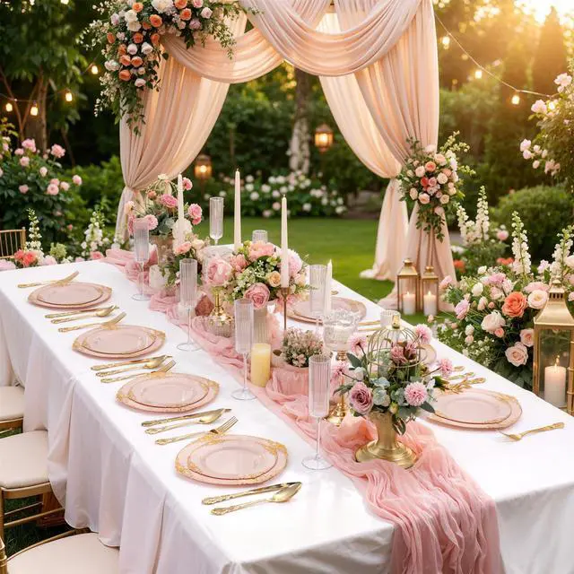 Alt view image 5 of 7 - 200PCS Pink and Gold Plates - Pink Plastic Plate - Fancy Disposable Plates with Gold Rim - Vintage Wedding Dinner & Dessert Plate for 100 Guests for Wedding & Bridal Shower