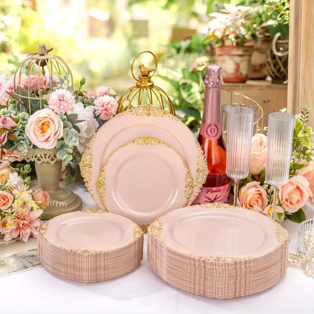 Alt view image 4 of 7 - 200PCS Pink and Gold Plates - Pink Plastic Plate - Fancy Disposable Plates with Gold Rim - Vintage Wedding Dinner & Dessert Plate for 100 Guests for Wedding & Bridal Shower