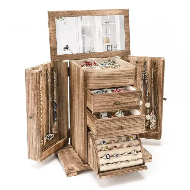 Main image of Jewelry Box for Women, Rustic Wooden Jewelry Boxes & Organizers with Mirror, 4 Layer Jewelry Organizer Box Display for Rings Earrings Necklaces Bracelets (Rustic Brown)