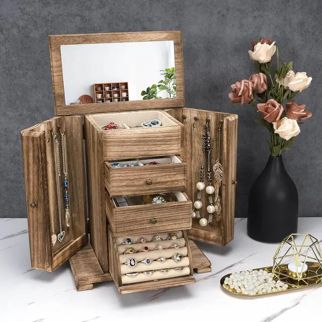 Alt view image 2 of 7 - Jewelry Box for Women, Rustic Wooden Jewelry Boxes & Organizers with Mirror, 4 Layer Jewelry Organizer Box Display for Rings Earrings Necklaces Bracelets (Rustic Brown)