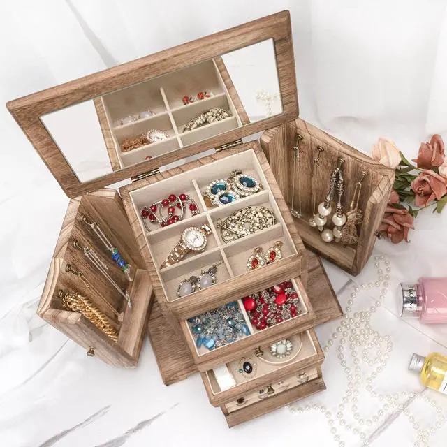 Alt view image 3 of 7 - Jewelry Box for Women, Rustic Wooden Jewelry Boxes & Organizers with Mirror, 4 Layer Jewelry Organizer Box Display for Rings Earrings Necklaces Bracelets (Rustic Brown)